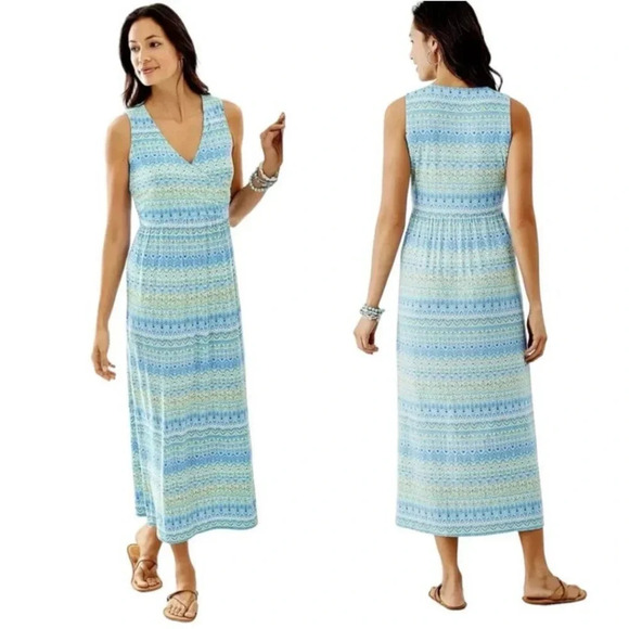 J. Jill Blue Surplice Aegean Island Ikat Print Maxi Dress Stretch Jersey Plus 3X - Picture 1 of 12